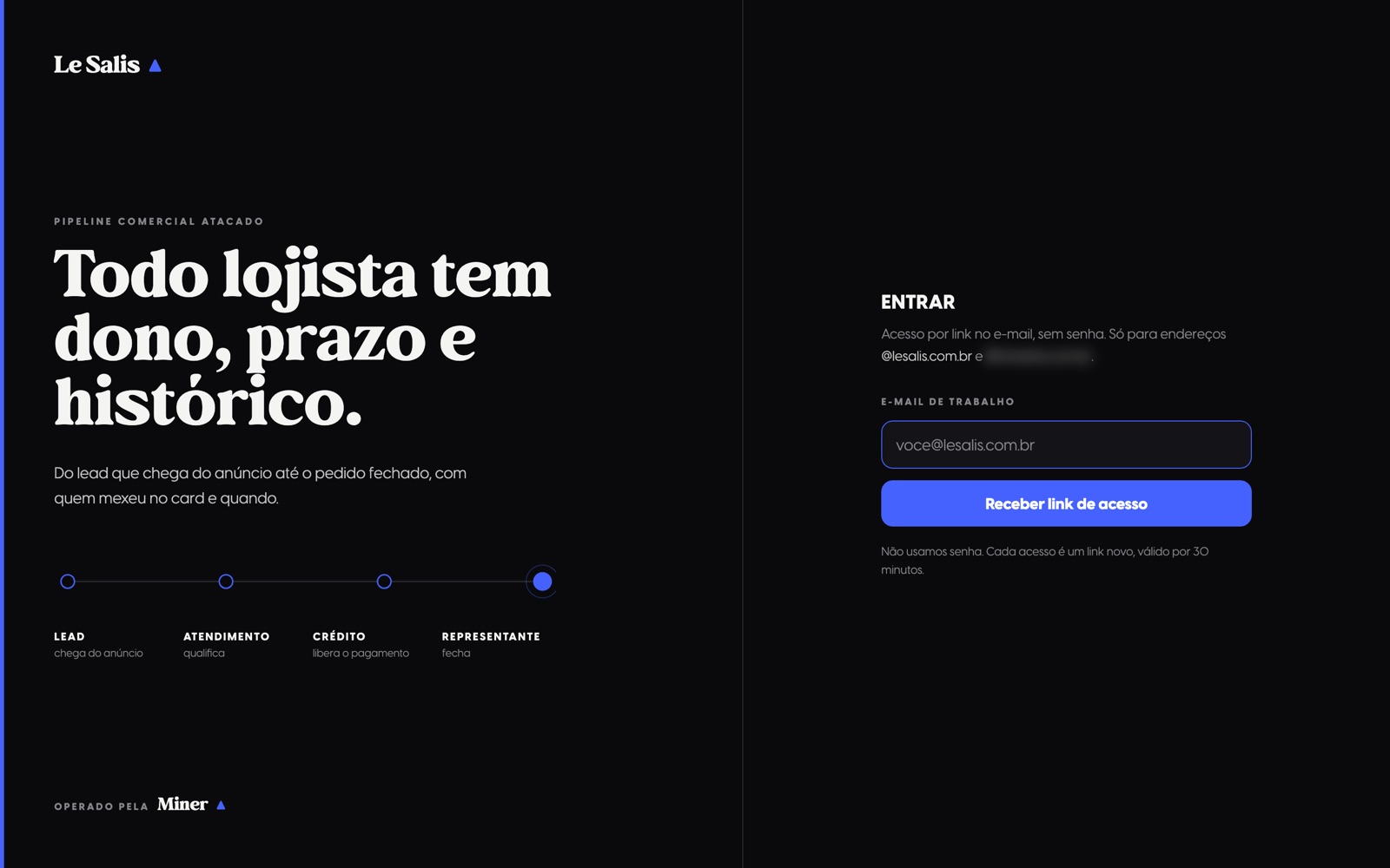Tela de entrada do CRM da Le Salis, com o campo de e-mail de trabalho