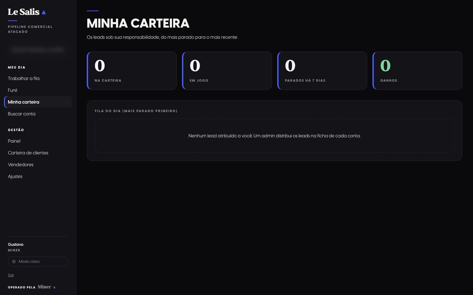 Tela Minha carteira do CRM, hoje vazia porque nenhum lead tem dono