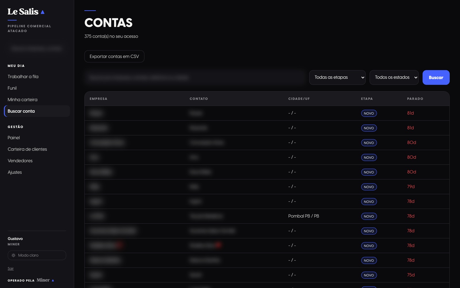 Tela Buscar conta do CRM, com a lista paginada e os filtros por etapa e estado