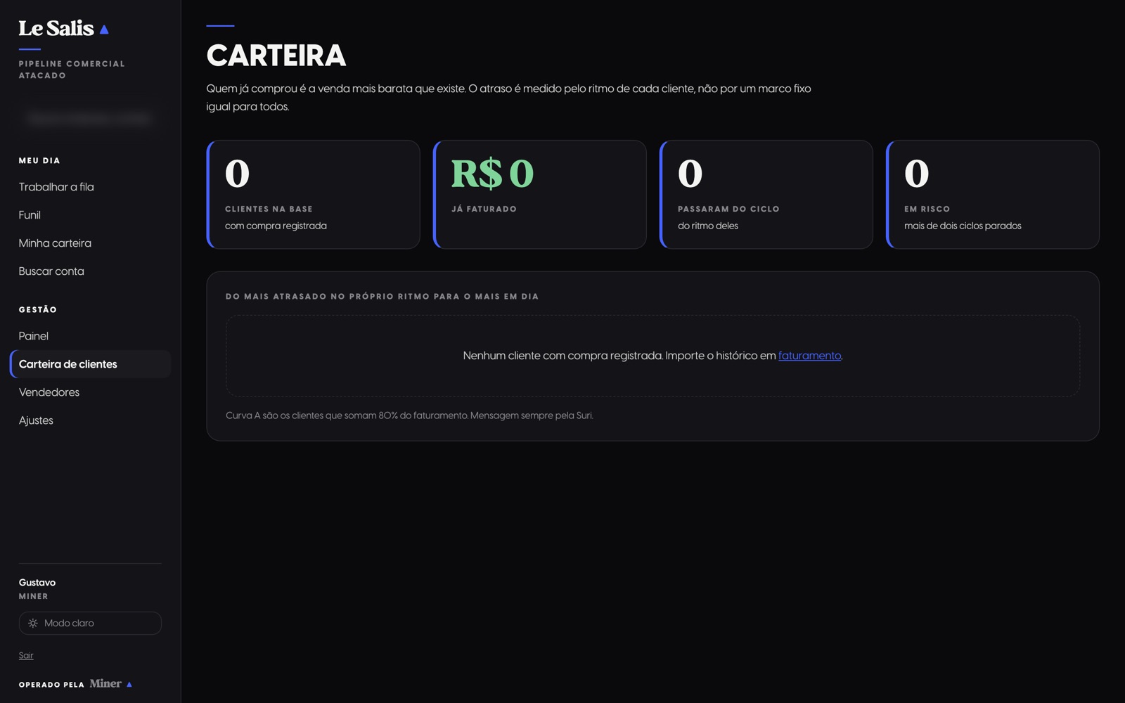 Tela Carteira de clientes do CRM, vazia