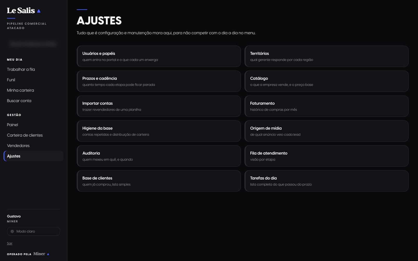 Tela de Ajustes do CRM com os atalhos de configuração