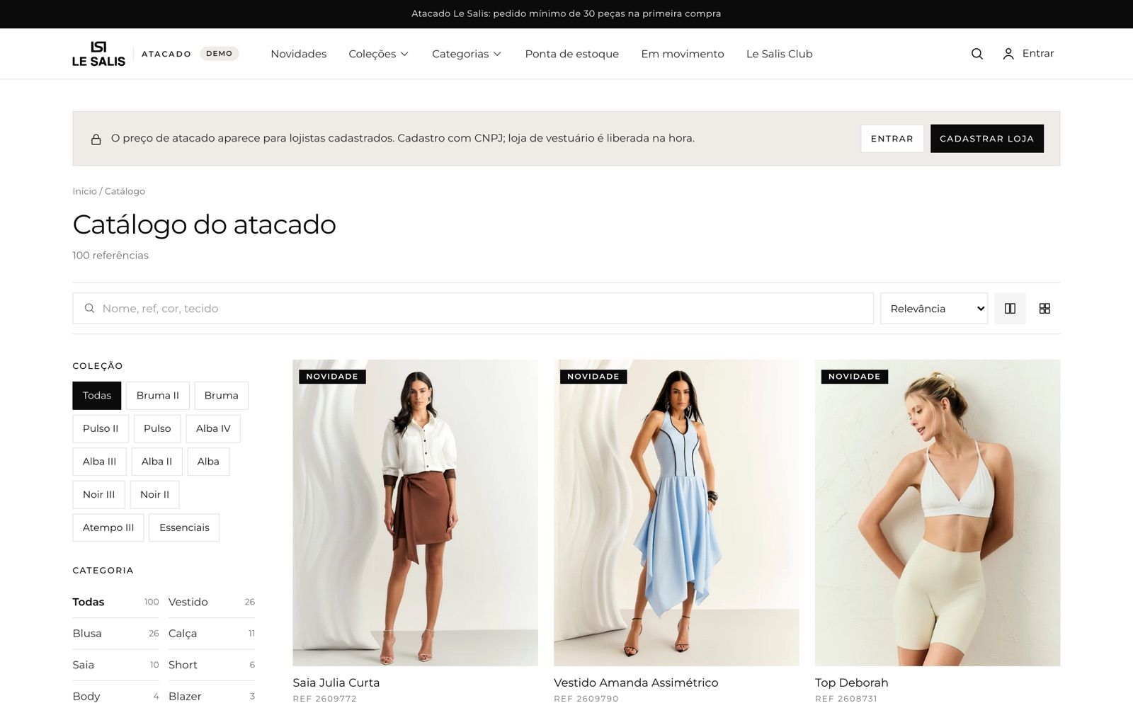 Catálogo público do portal, com as peças e sem preço de atacado