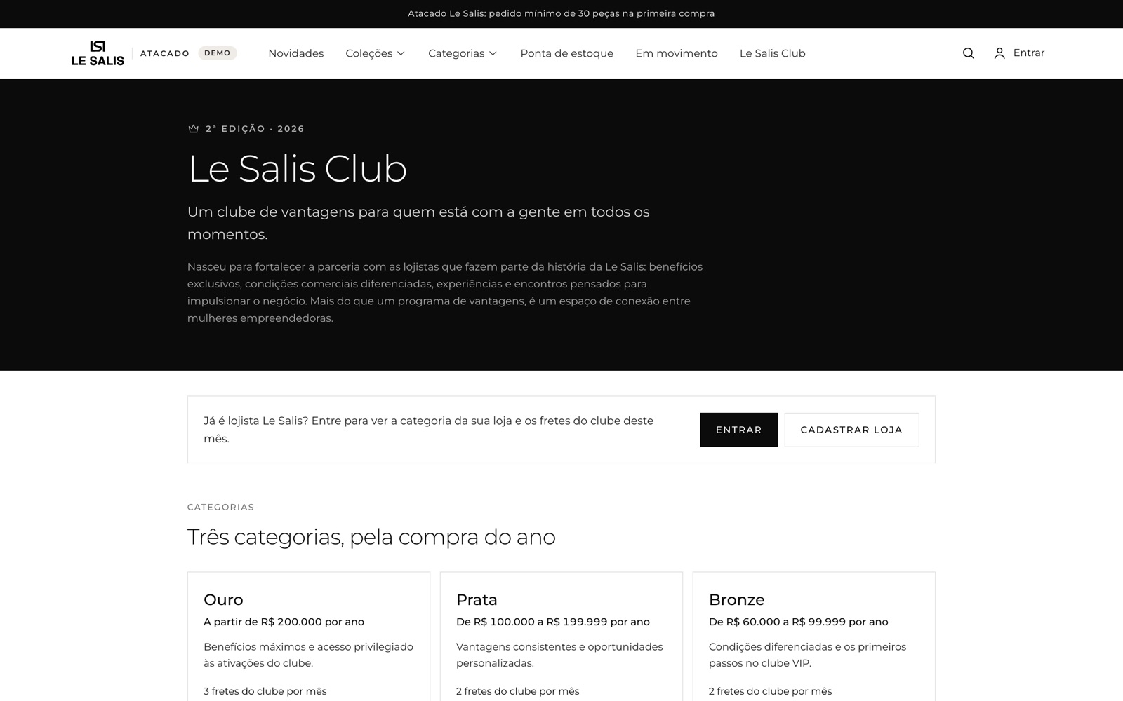 Página do Le Salis Club com as três categorias e a tabela de benefícios