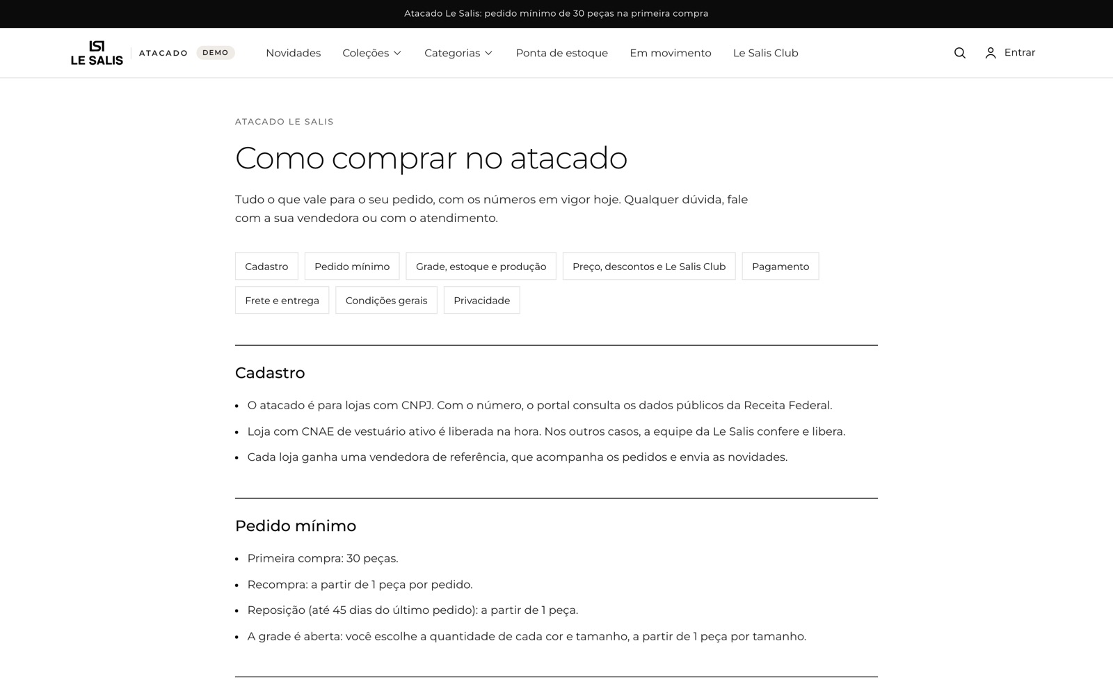 Página Como comprar no atacado, com as regras de pedido mínimo e pagamento