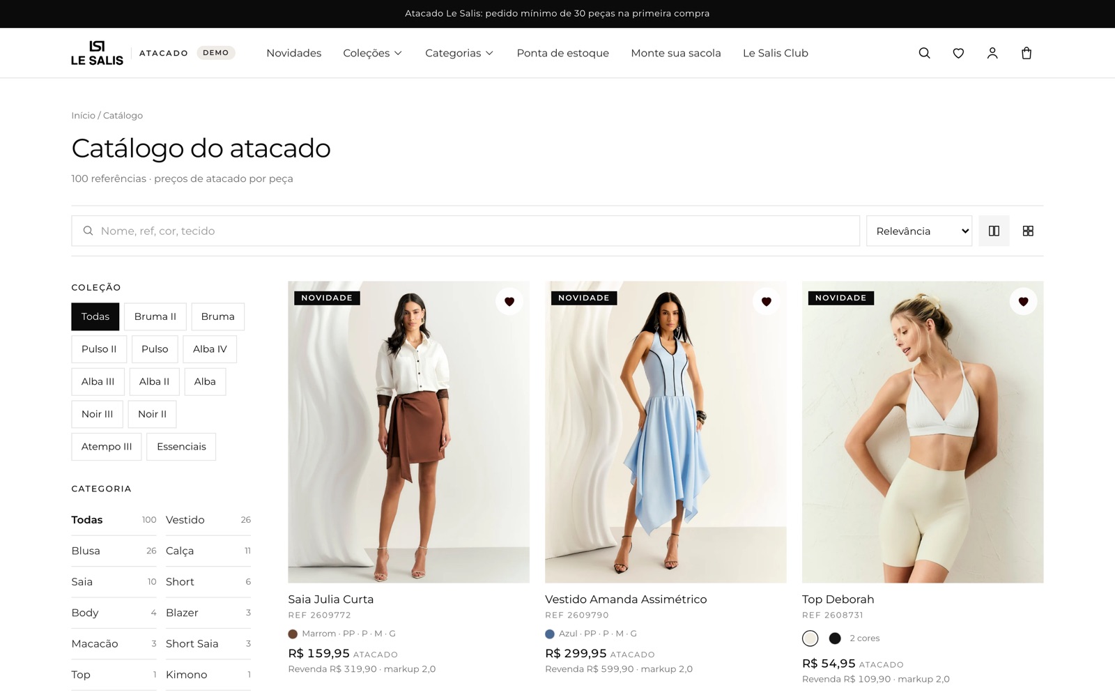 Catálogo do portal com os preços de atacado visíveis para a lojista
