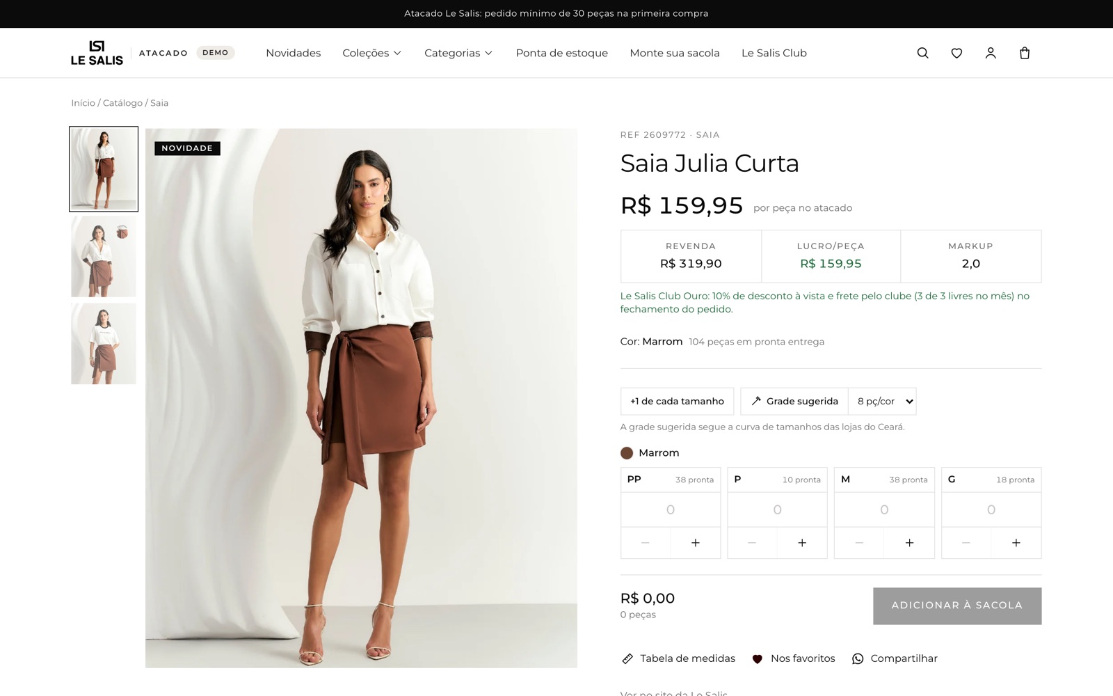 Tela de uma peça no portal, com a grade de cor e tamanho aberta e o preço de atacado