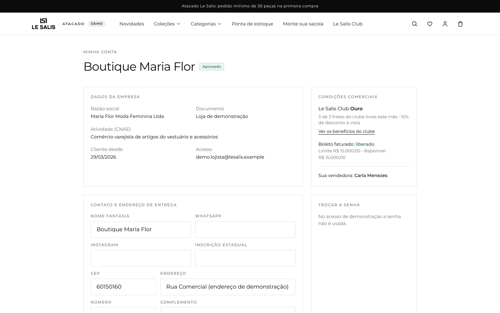 Tela Minha conta da lojista, com as condições comerciais