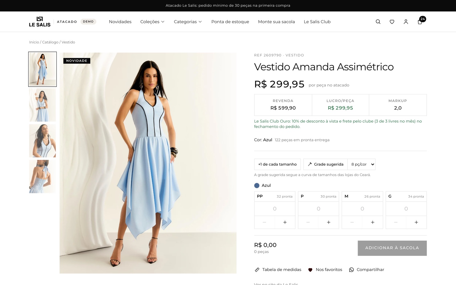Página de uma peça do catálogo com as fotos e as informações de tecido