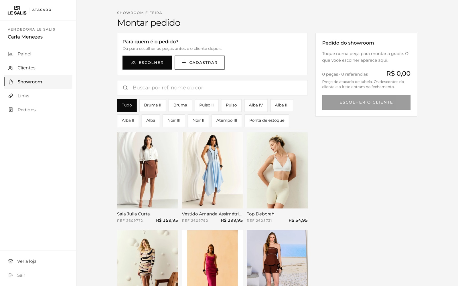 Tela de montar pedido no showroom, usada em feira