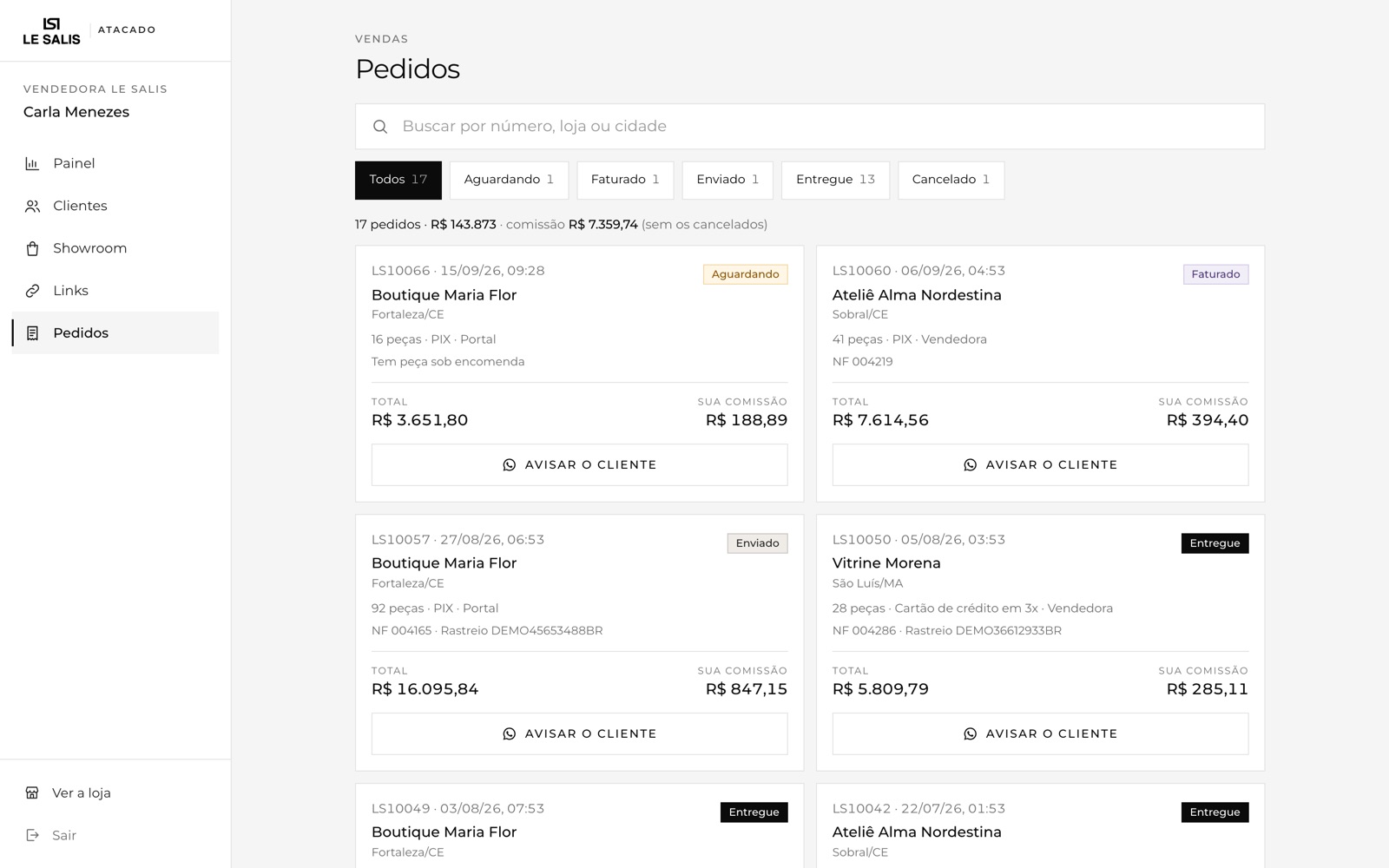 Tela de pedidos da vendedora, com a comissão por pedido