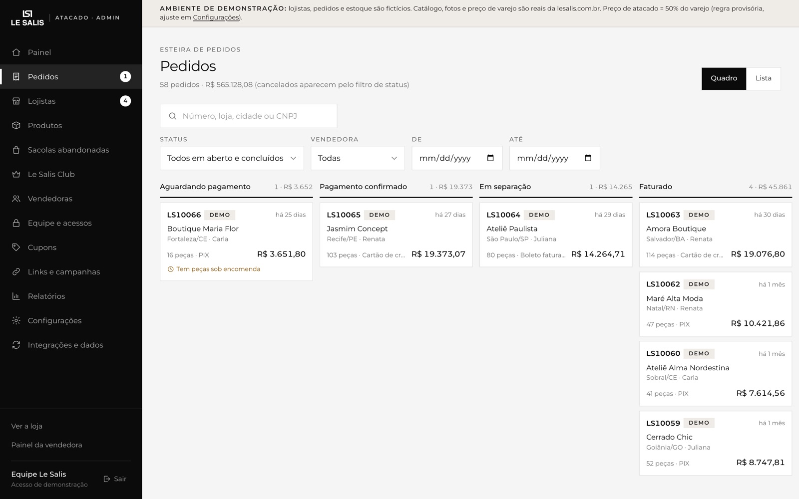 Esteira de pedidos do portal, em formato de quadro por status