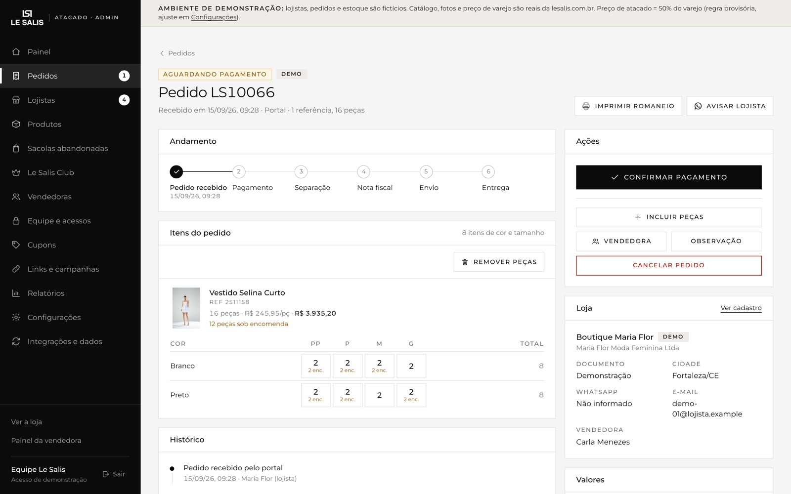 Tela de um pedido no admin, com a grade de itens e as ações