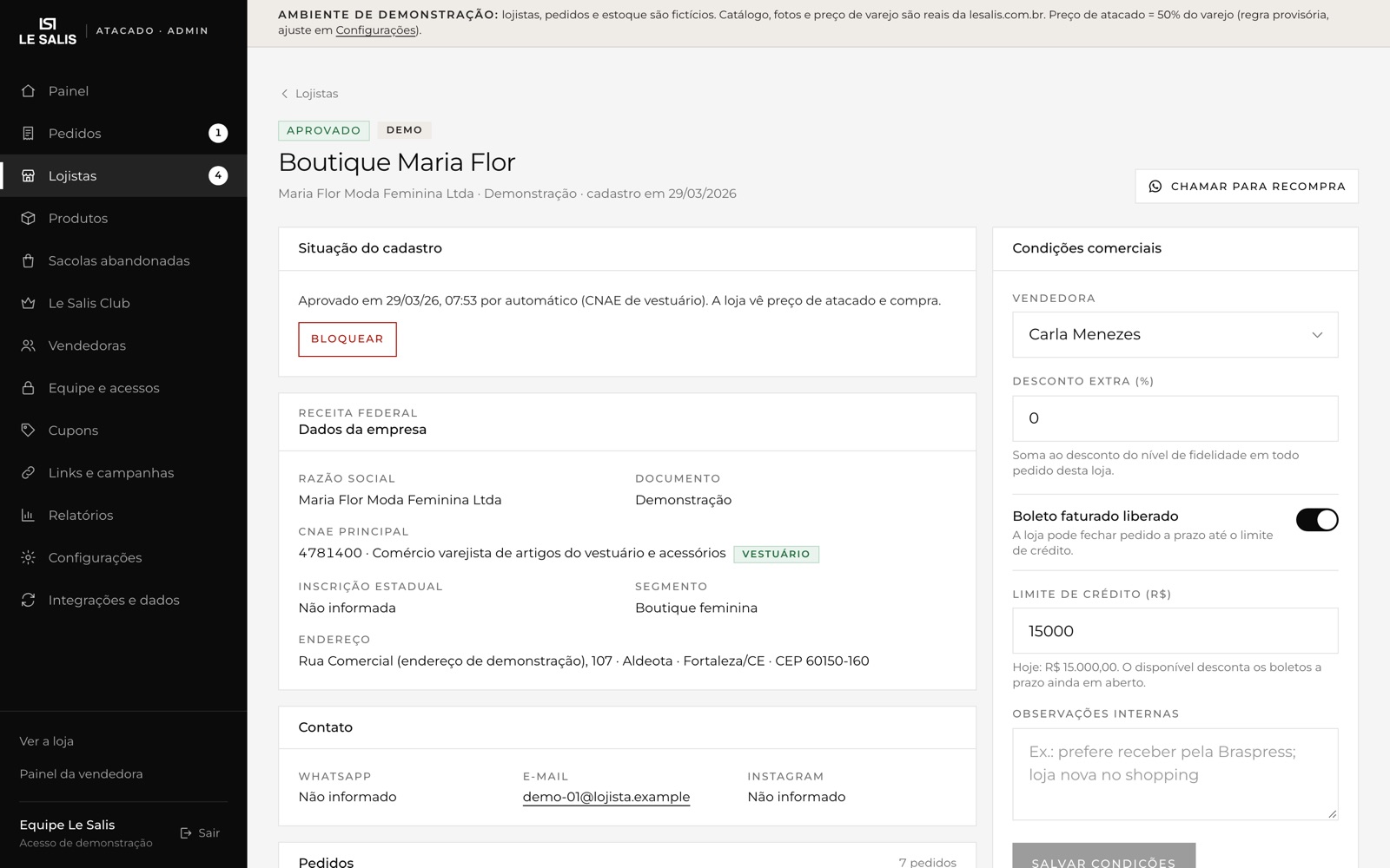 Ficha de um lojista no admin, com as condições comerciais