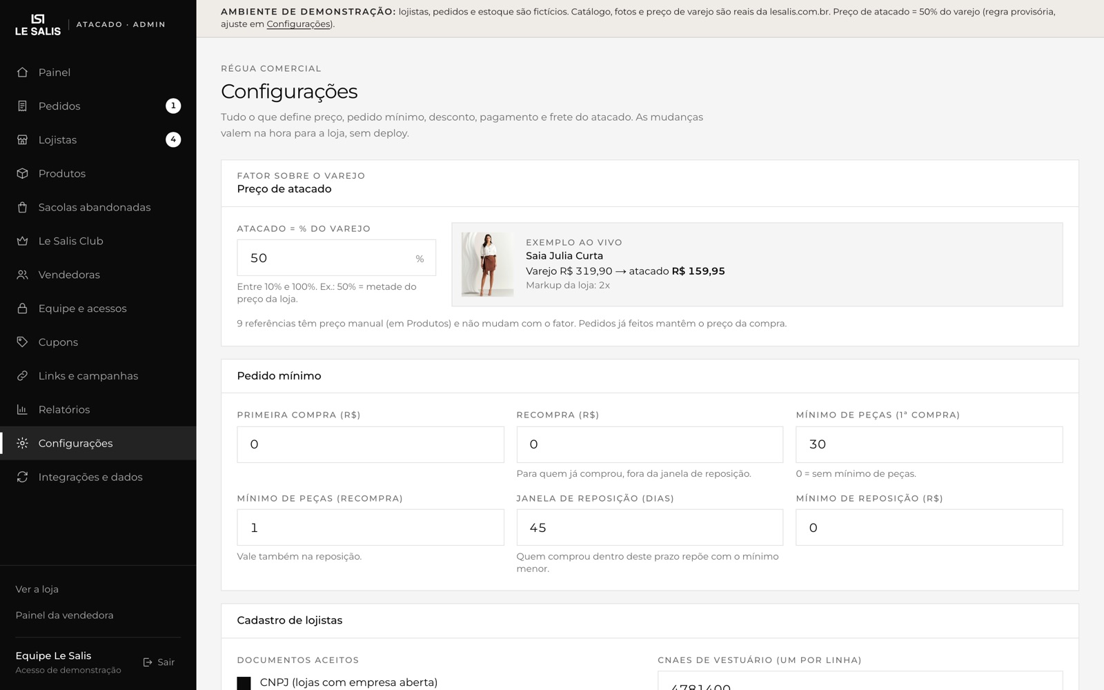 Tela de configurações do admin, com a régua comercial